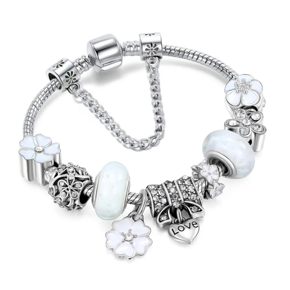 Shiny Silver Tone Heart Charm Bracelet