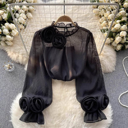 Ladies' Elegant Ruffled Blouse with Floral Details