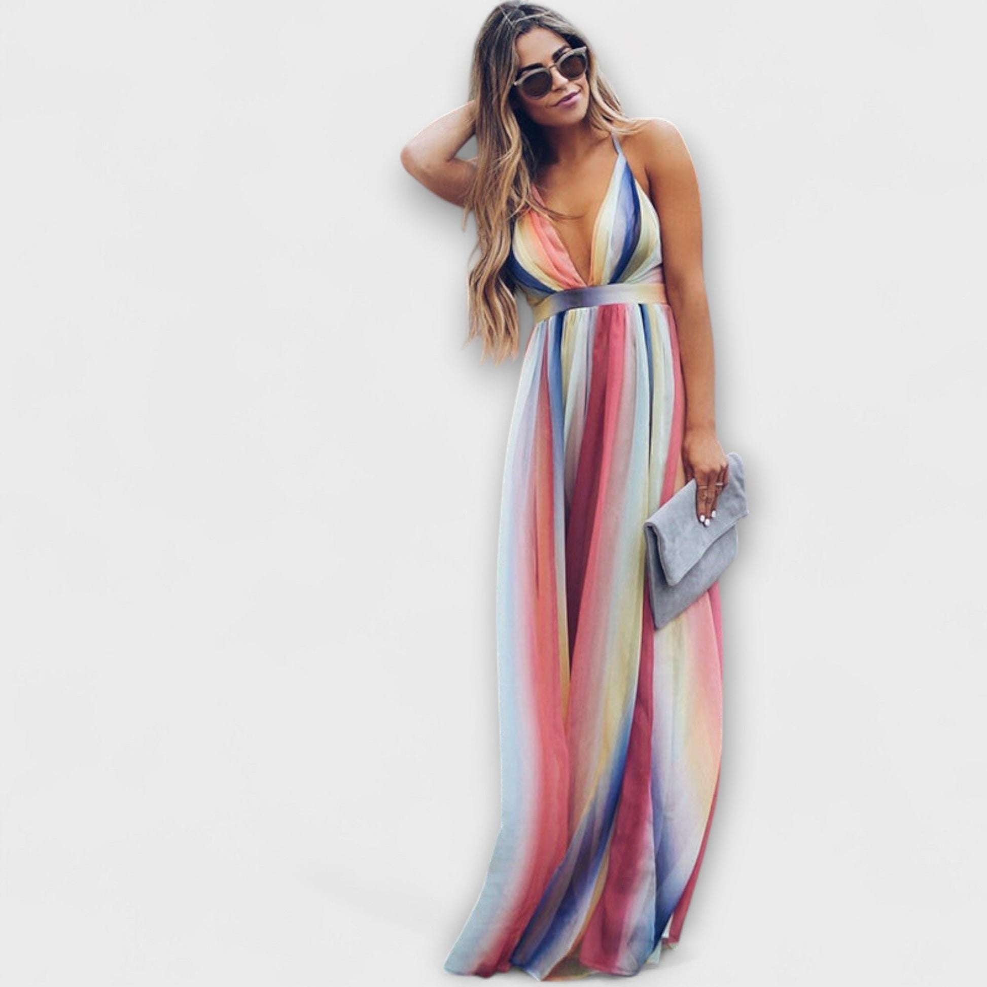 Colorful Striped V-Neck Women's Party Dress - Nocini