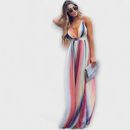 Colorful Striped V-Neck Women's Party Dress - Nocini