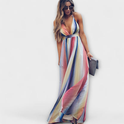 Colorful Striped V-Neck Women's Party Dress