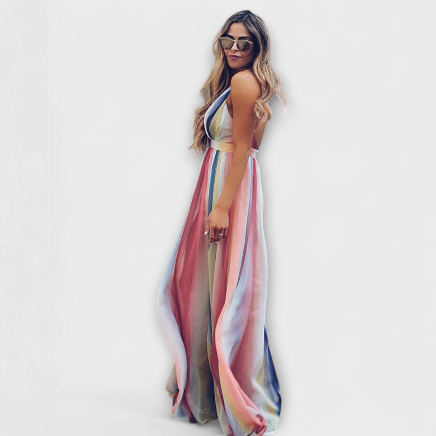 Colorful Striped V-Neck Women's Party Dress