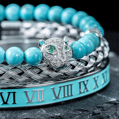 Glittering Panther Charm Beaded Cuff Bracelet Set