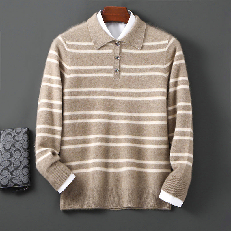 Soft Striped Crew Neck Polo Sweater - Nocini