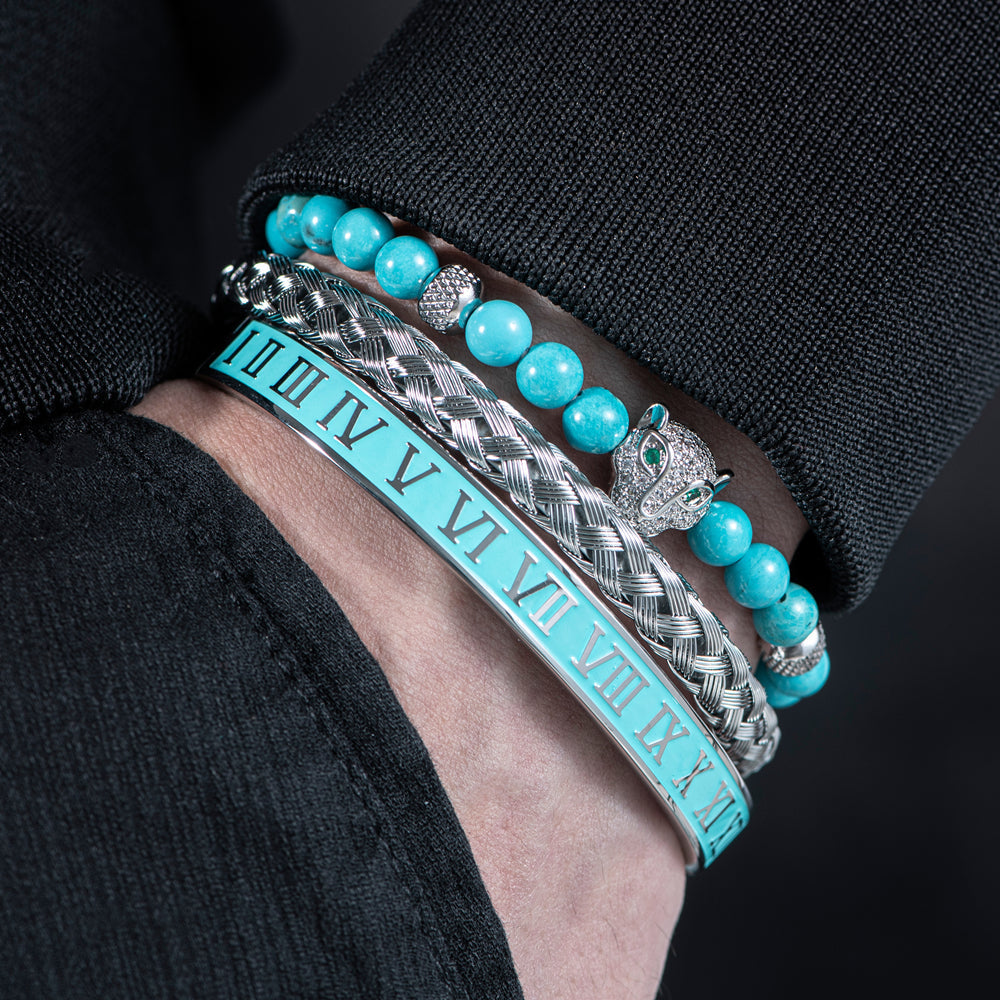 Glittering Panther Charm Beaded Cuff Bracelet Set