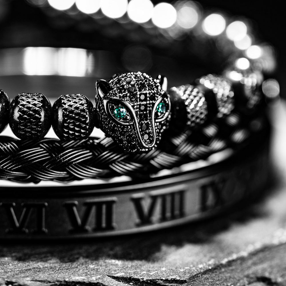 Glittering Panther Charm Beaded Cuff Bracelet Set