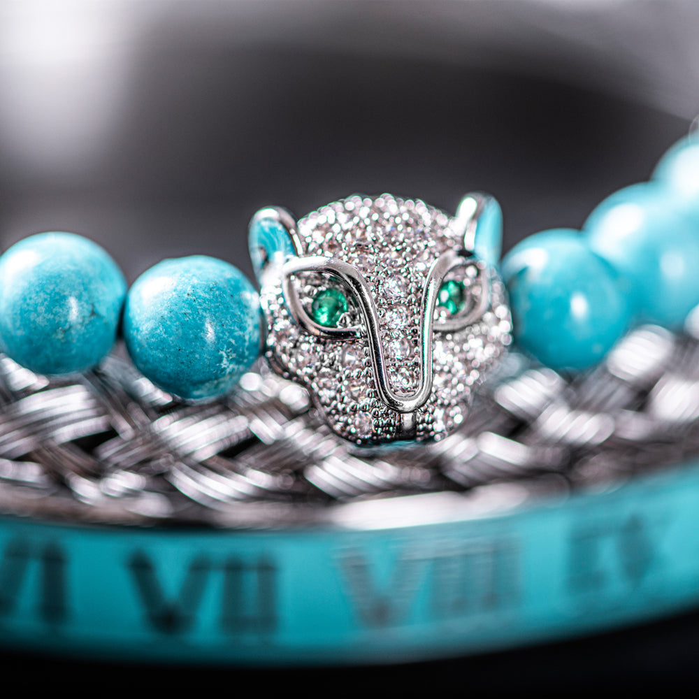 Glittering Panther Charm Beaded Cuff Bracelet Set