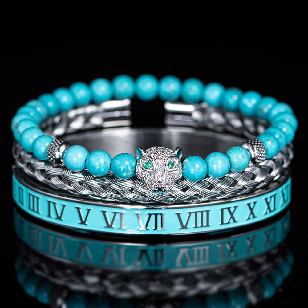 Glittering Panther Charm Beaded Cuff Bracelet Set