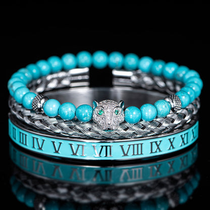 Glittering Panther Charm Beaded Cuff Bracelet Set