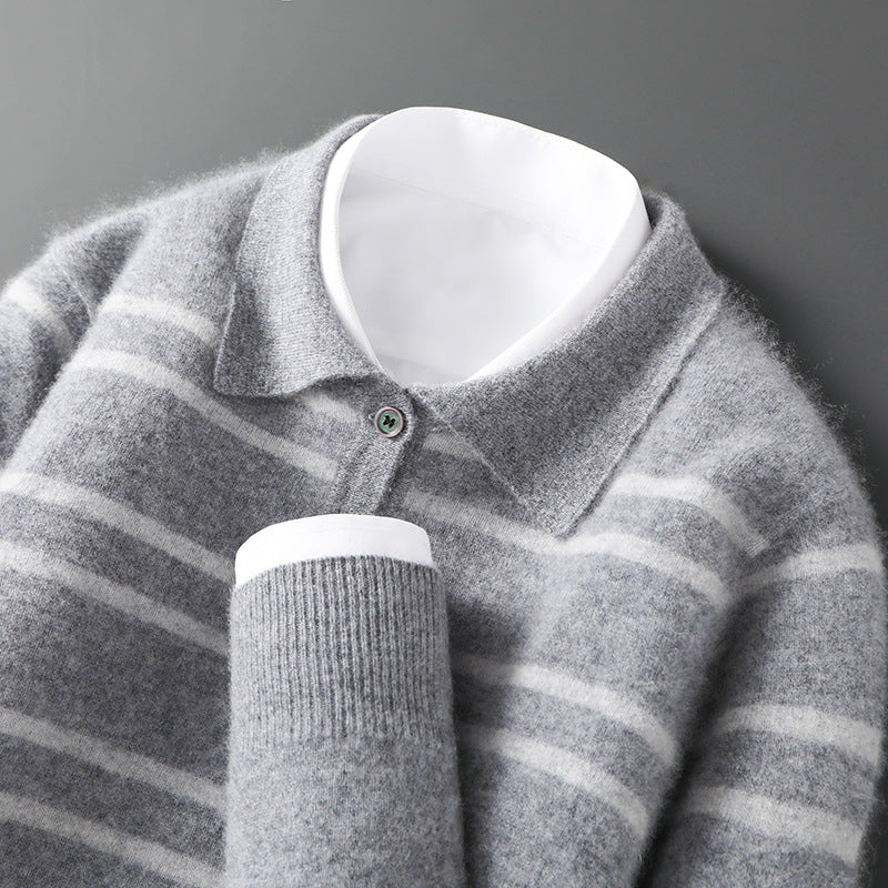 Soft Striped Crew Neck Polo Sweater