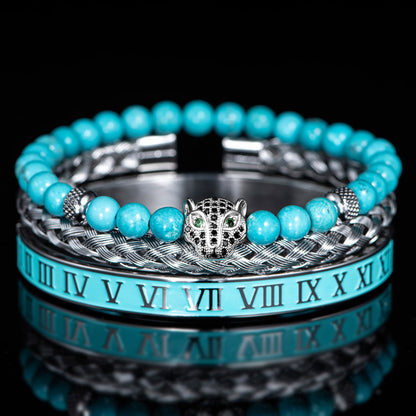 Glittering Panther Charm Beaded Cuff Bracelet Set