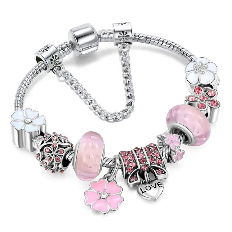 Shiny Silver Tone Heart Charm Bracelet