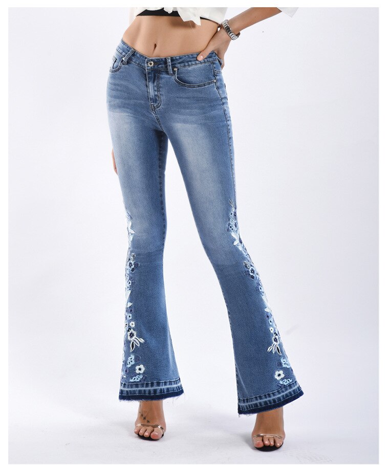 Ladies Comfortable Flare Jeans with Floral Details - Nocini