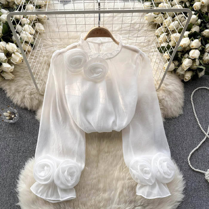 Ladies' Elegant Ruffled Blouse with Floral Details