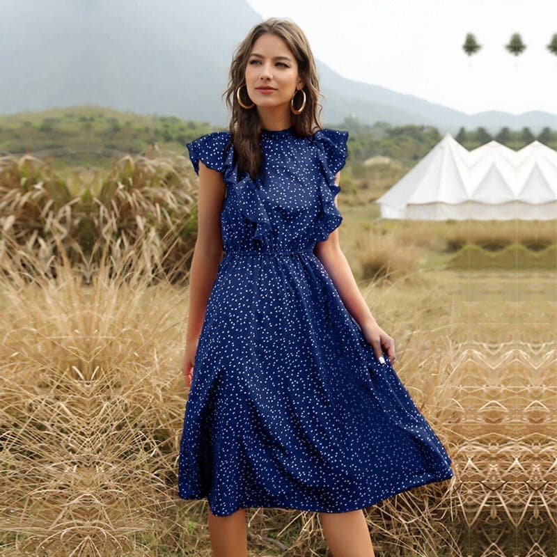 Feminine A-Line Summer Dress with Ruffles and High Neck