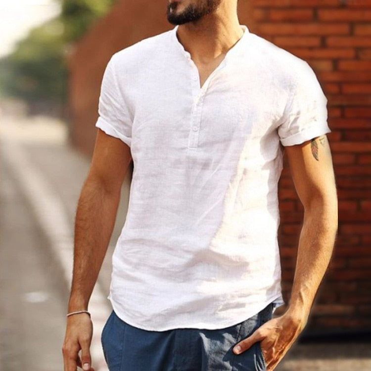 Relaxed Fit Linen V Neck Shirt for Men