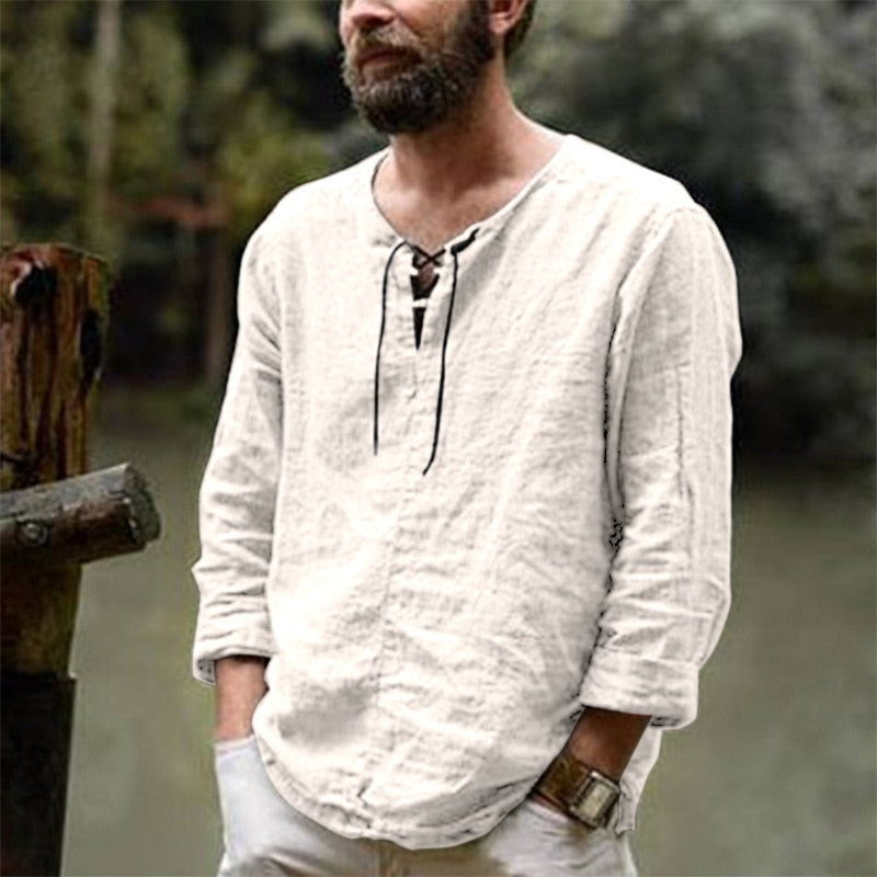 Relaxed Fit Linen V Neck Shirt for Men - Nocini