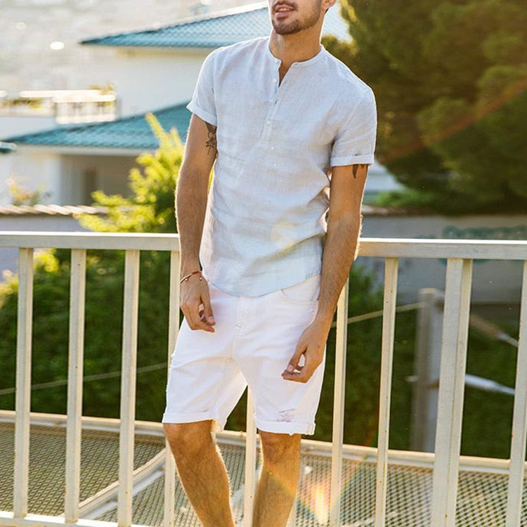 Relaxed Fit Linen V Neck Shirt for Men
