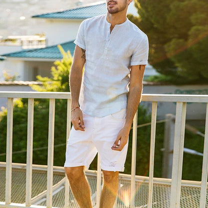 Relaxed Fit Linen V Neck Shirt for Men