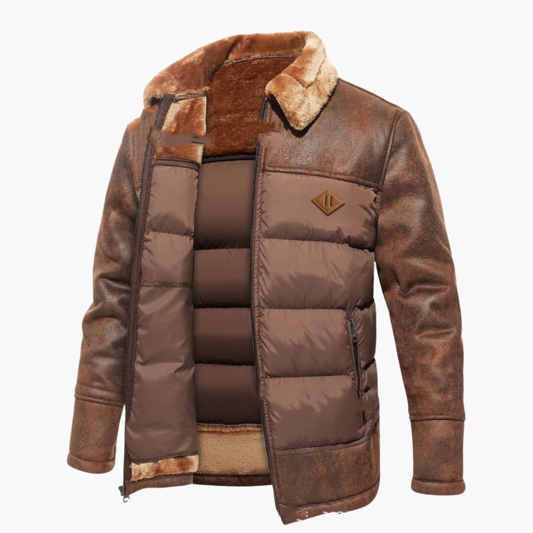 Warm Padded Men's Coat with Faux Fur Trim - Olytrend