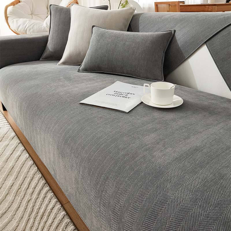 Contemporary Chenille Couch Cover With Herringbone Pattern