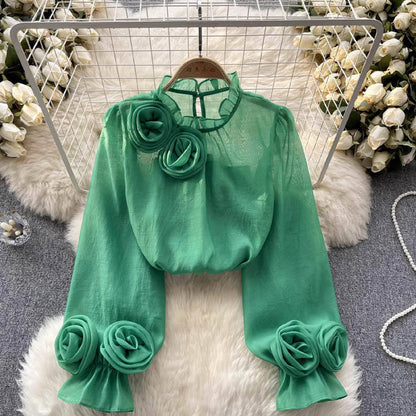 Ladies' Elegant Ruffled Blouse with Floral Details