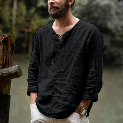Relaxed Fit Linen V Neck Shirt for Men