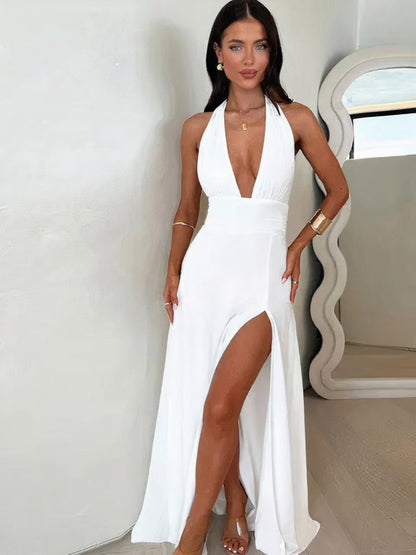 Flowy Maxi Dress with Halter Neck and High Split