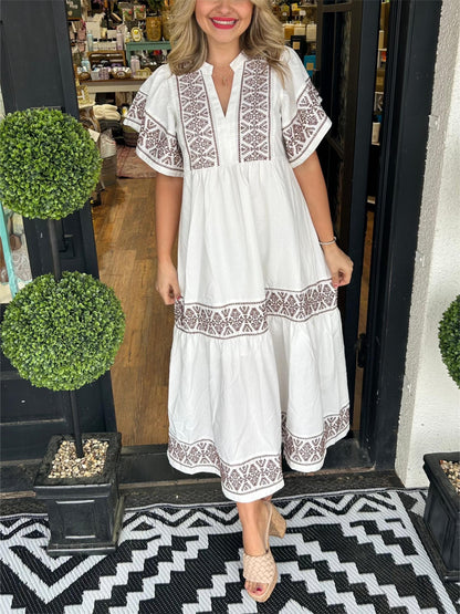 Ladies' Floral V-Neck Summer Midi Dress with Cap Sleeves