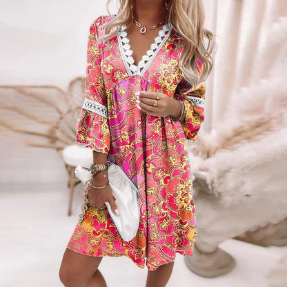 Chic V-Neck Lace Trim Summer Dress - Olytrend