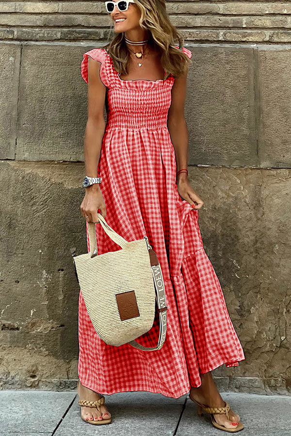 Flowy Checkered Maxi Dress with Ruffles