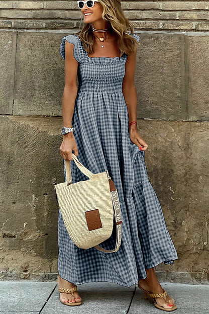 Flowy Checkered Maxi Dress with Ruffles