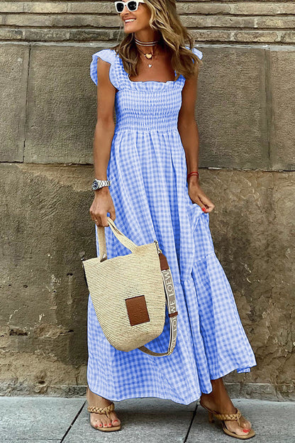 Flowy Checkered Maxi Dress with Ruffles