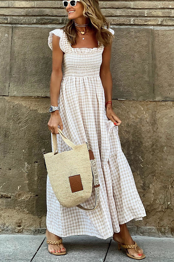 Flowy Checkered Maxi Dress with Ruffles - Nocini