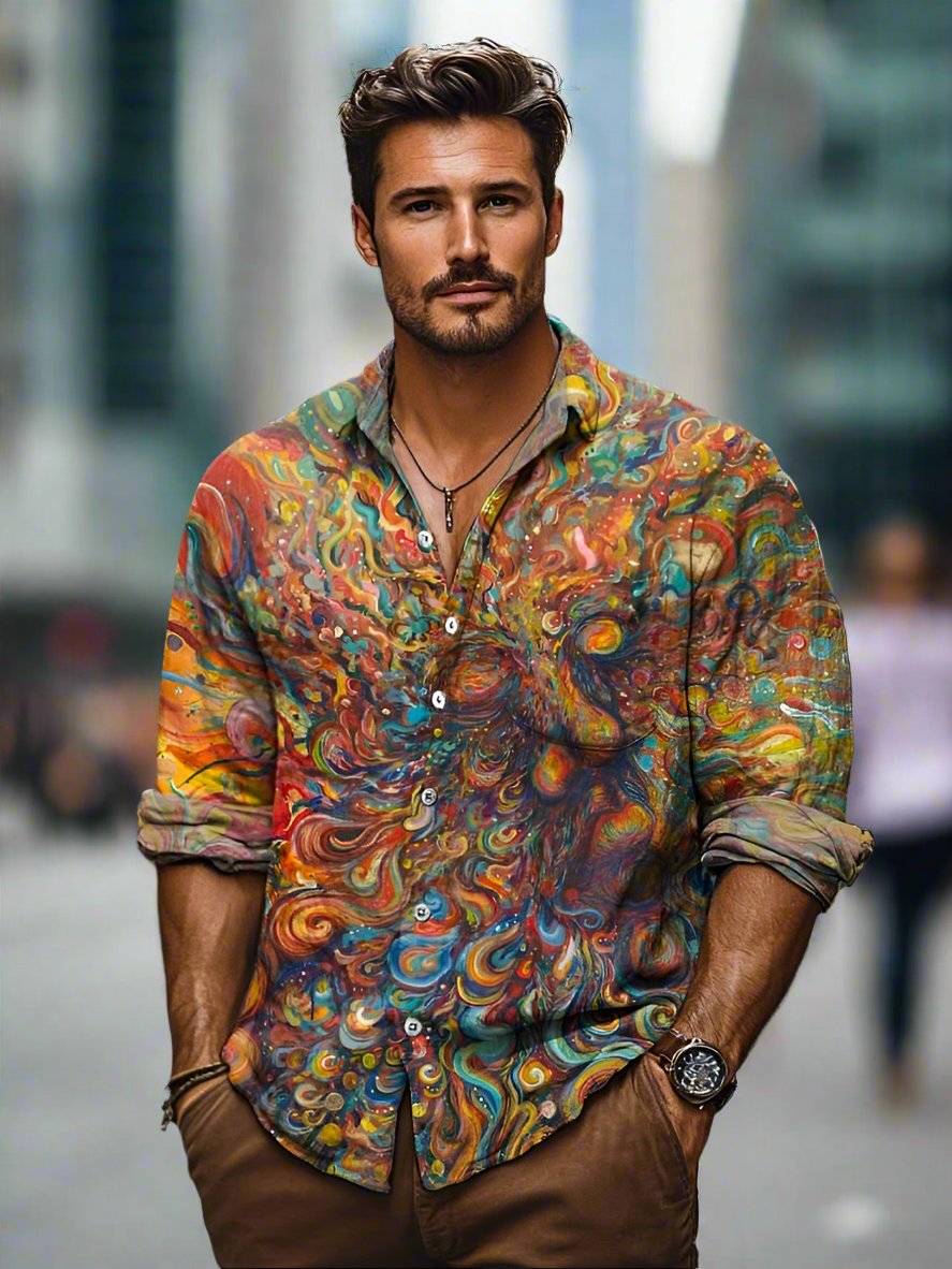 Trendy Men's Abstract Button Down Long Sleeve Shirt - Nocini