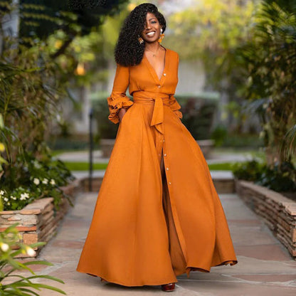 Elegant Long Sleeve V Neck Maxi Dress for Women - Nocini