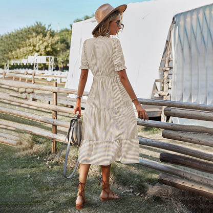 Colorful Warm Weather Dress with Bell Sleeves and V Neck