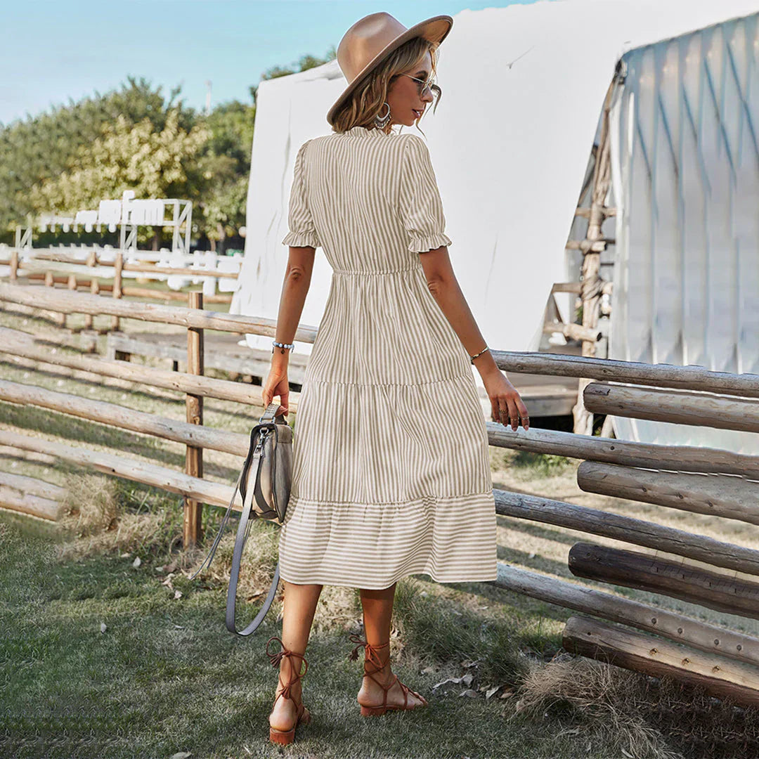 Casual V-neck Summer Dress with Puff Sleeves