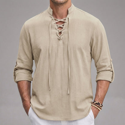Casual Fit Button Henley with Classic Collar and Cuffed Sleeves