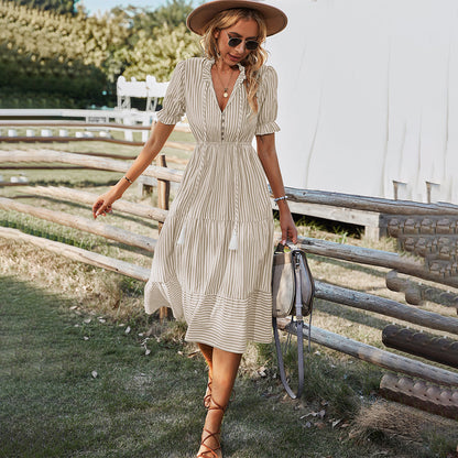 Colorful Warm Weather Dress with Bell Sleeves and V Neck