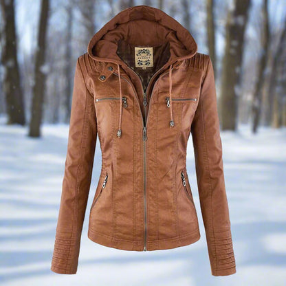 Fitted Women's Leather Look Biker Jacket - Nocini
