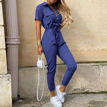 Women's Dress - Button Front - Belted - Short Sleeve - Fitted