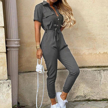 Women's Dress - Button Front - Belted - Short Sleeve - Fitted