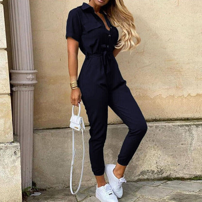 Women's Dress - Button Front - Belted - Short Sleeve - Fitted