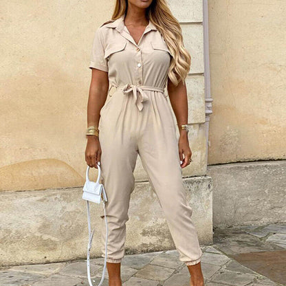 Women's Dress - Button Front - Belted - Short Sleeve - Fitted