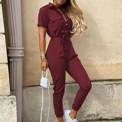 Women's Dress - Button Front - Belted - Short Sleeve - Fitted