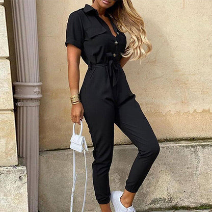 Women's Dress - Button Front - Belted - Short Sleeve - Fitted