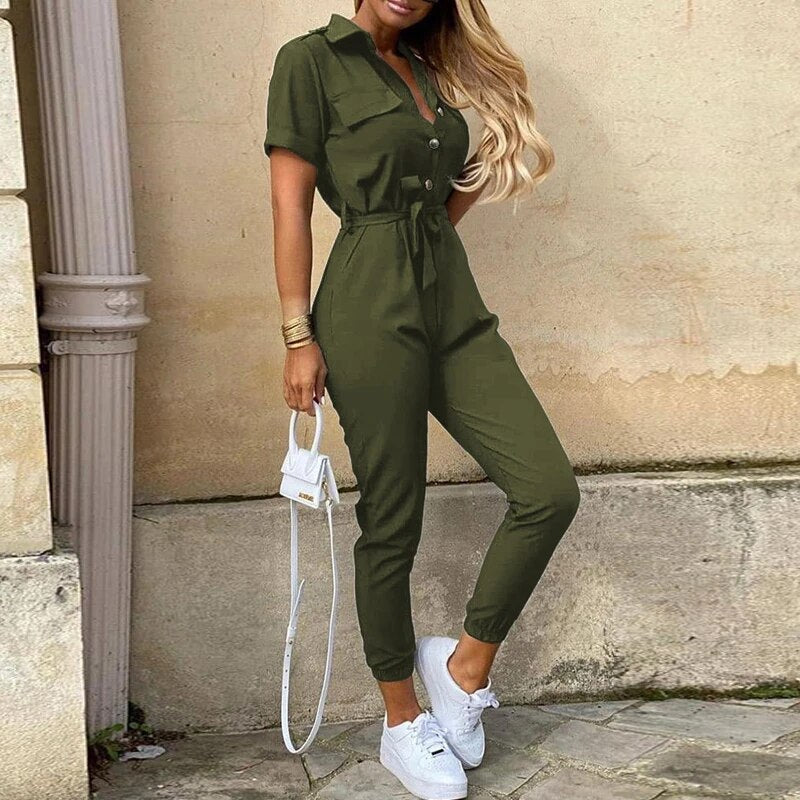 Women's Dress - Button Front - Belted - Short Sleeve - Fitted
