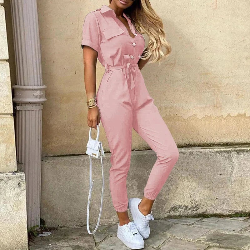 Women's Dress - Button Front - Belted - Short Sleeve - Fitted