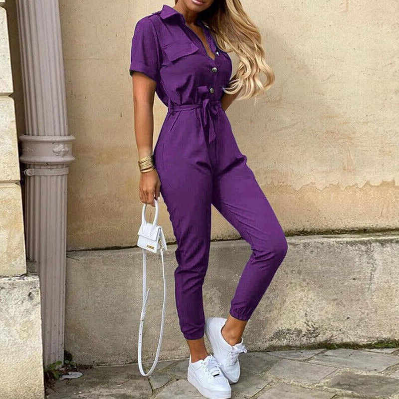 Women's Dress - Button Front - Belted - Short Sleeve - Fitted